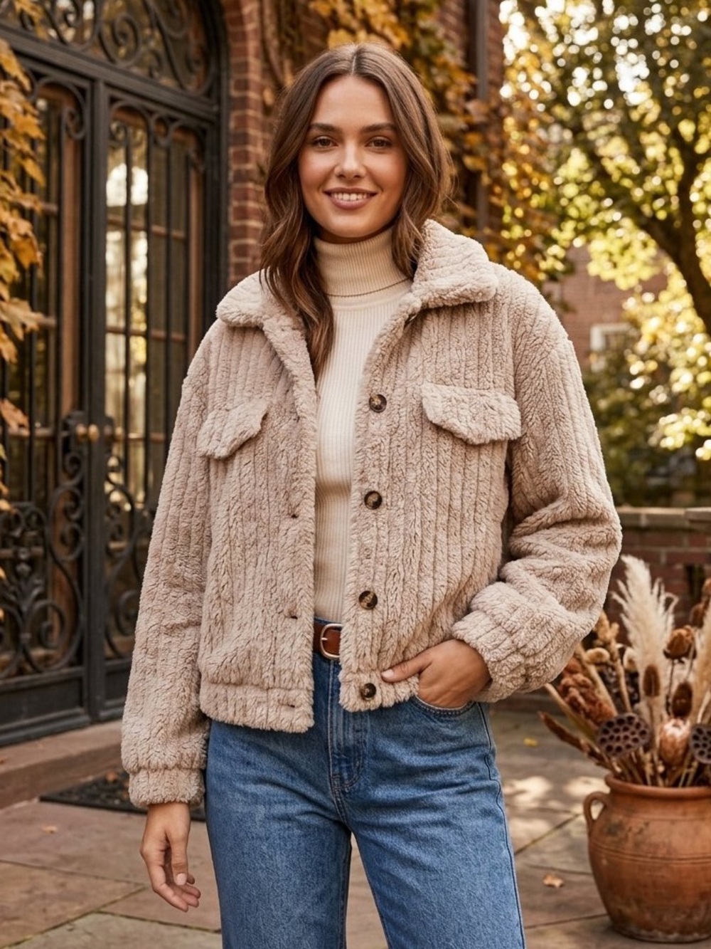 Shein Beige Cozy Teddy Jacket Size L